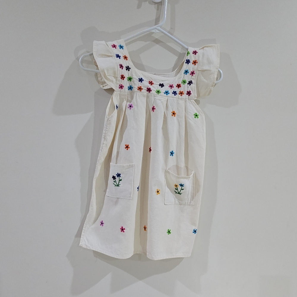 Girls Ivory Multicolor Sundress Floral Embroidered Pocket Flutter Sleeve kids 8